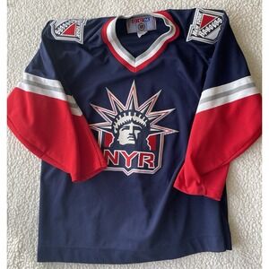 Vintage 90s CCM NHL New York Rangers Navy Blue Lady Liberty Jersey Mens XL